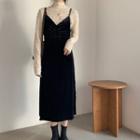 Mock-neck Shirred Blouse / Velvet Overall Dress