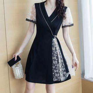 Short-sleeve Floral Print Panel A-line Dress