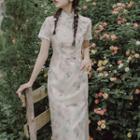 Short-sleeve Lace Trim Floral Print Midi Qipao