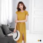 Short Sleeve Tie-waist Slit-side Midi Dress