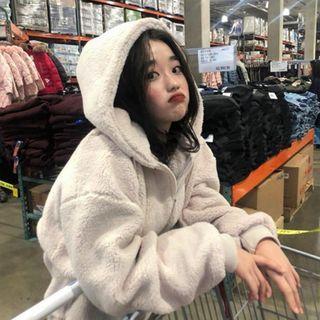Hooded Fluffy Jacket Almond - One Size