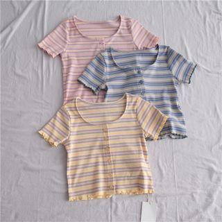 Short-sleeve Striped Button-up Frill Trim T-shirt