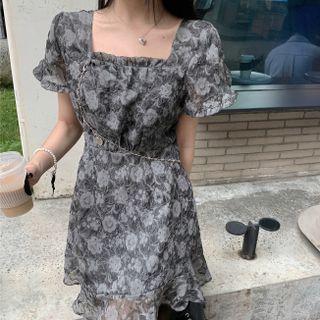 Puff-sleeve Print Mini A-line Dress / Chain Belt