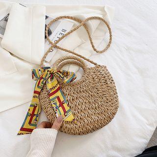 Printed Scarf Straw Crossbody Bag