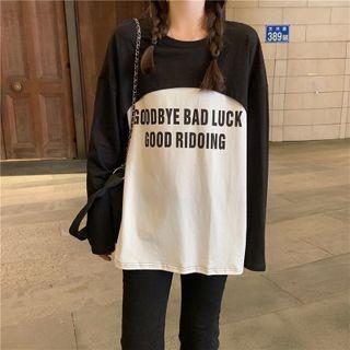Long-sleeve Mock Two-piece Lettering Print T-shirt