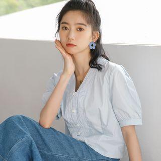 Puff-sleeve V-neck Lace Trim Cropped Blouse