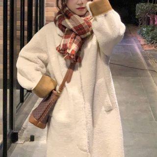 Fleece Button-up Long Coat Beige - One Size