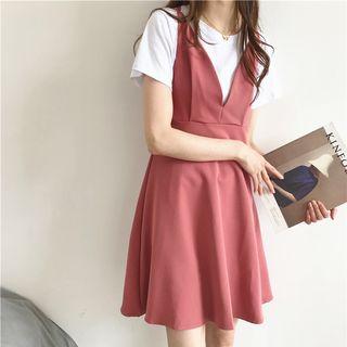 Set: Plain Short Sleeve T-shirt + Spaghetti Strap A-line Dress