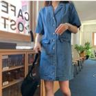 Elbow-sleeve Denim Mini A-line Dress