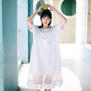 Short-sleeve Mesh Panel Shift Dress