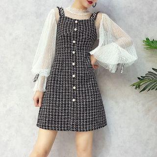 Set: Balloon-sleeve Lace Top + Tweed Pinafore Dress