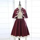 Set: Lace Trim Hooded Cropped Cape + Lace Up Front Pinafore Dress