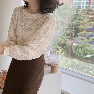 Balloon-sleeve Crochet-trim Lace Blouse