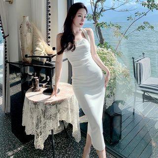 Plain Slim-fit Midi Halter Dress