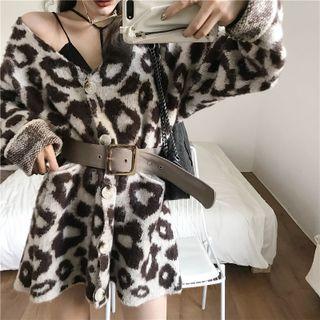 Leopard Print Knit Dress With Belt - Leopard - Khaki - One Size