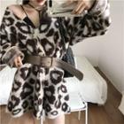 Leopard Print Knit Dress With Belt - Leopard - Khaki - One Size