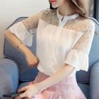 Flower Embroidered Mesh Panel Elbow Sleeve Shirt