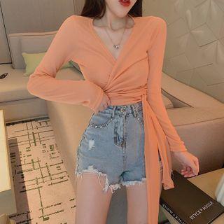Wrapped Neck Tie-waist Plain Cropped Top