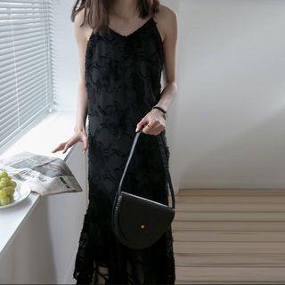 Fringed Trim Spaghetti Strap Midi Shift Dress