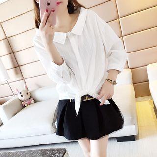 3/4-sleeve Tie-front Embroidery Blouse