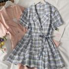 Tie-waist Double-breasted Plaid Mini Dress In 5 Colors