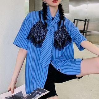 Elbow-sleeve Striped Tie-neck Shirt