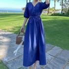 Plain Elbow-sleeve Wrap-front Midi A-line Dress