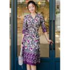 Elbow-sleeve Floral Midi Wrap Dress Gray & Purple - One Size