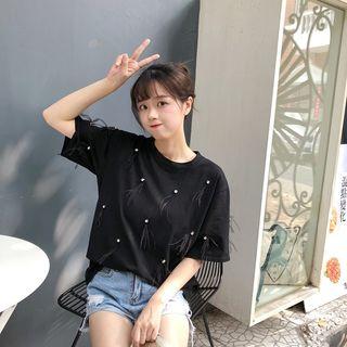 Elbow-sleeve Fringed T-shirt