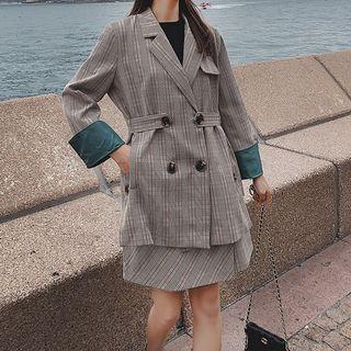 Set: Plaid Double-breasted Blazer + High-waist A-line Skirt