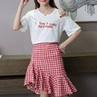 Set: Short-sleeve Lettering T-shirt + Check Ruffle A-line Skirt