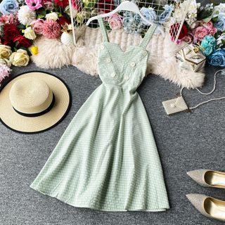 Button-detail V-neck Plaid Sleeveless Dress