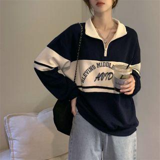 Long-sleeve Lettering Polo Shirt Navy Blue - One Size