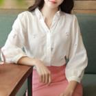 Open-placket Flower Embroidered Blouse