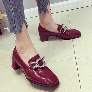 Rhinestone Buckled Patent Block Heel Loafer Pumps