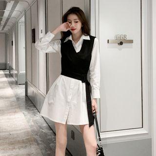 Plain Shirt Dress / V-neck Vest / Set