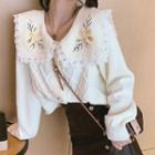 Lace Trim Floral Embroidered Collar Knit Cardigan