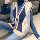 Plain Long-sleeved Top / Plaid Vest Knit Sweater