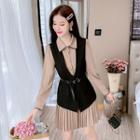Set: Contrast Trim Pleated Shirtdress + V-neck Button-up Vest
