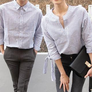 Couple Matching Striped Elbow-sleeve Blouse / Striped Shirt