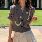Short-sleeve Faux Pearl Accent Cropped Blouse