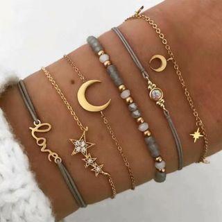Set Of 6: Moon & Star Alloy / String Bracelet (assorted Designs) Gold - One Size