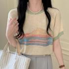 Short-sleeve Print Knit Top Beige - One Size