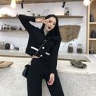 Long-sleeve V-neck Open Front Jacket + Drawstring Pants Black - One Size