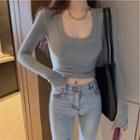 Long-sleeve Plain U-neck T-shirt