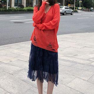 Long-sleeve Distressed Ribbed Knit Top / High-waist Ruffled Skirt