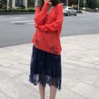 Long-sleeve Distressed Ribbed Knit Top / High-waist Ruffled Skirt