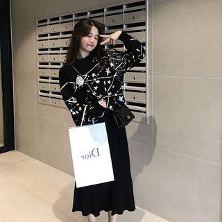Set: Printed Sweater + Knit Midi A-line Skirt