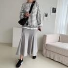 Layered Stripe Sweatshirt & Maxi Flare Skirt Set Gray - One Size