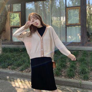 Contrast Trim Cardigan / Plain Midi Tank Dress / Set